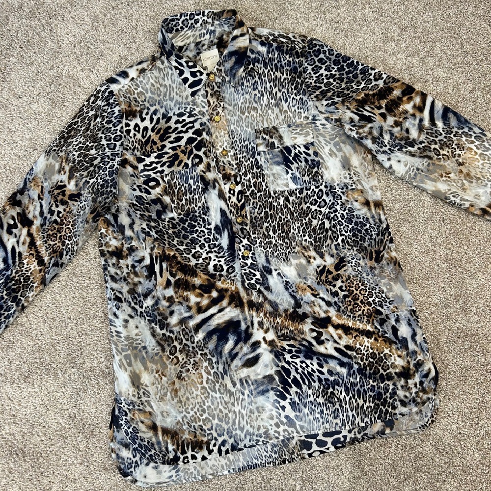 Chico's‎ Animal Print Cheetah Leopard 1/2 Button Shirt Women Size 1 (Medium)